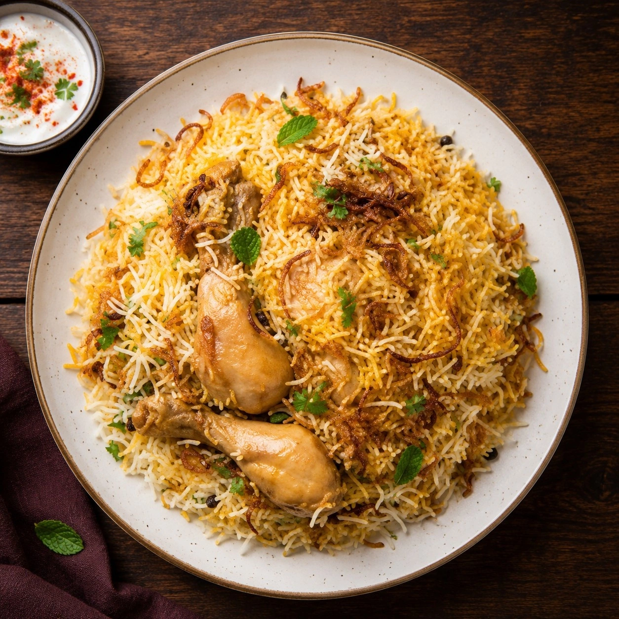 Dum-cooked chicken biryani with basmati rice and whole spices at Spicy Mahal Edmonton